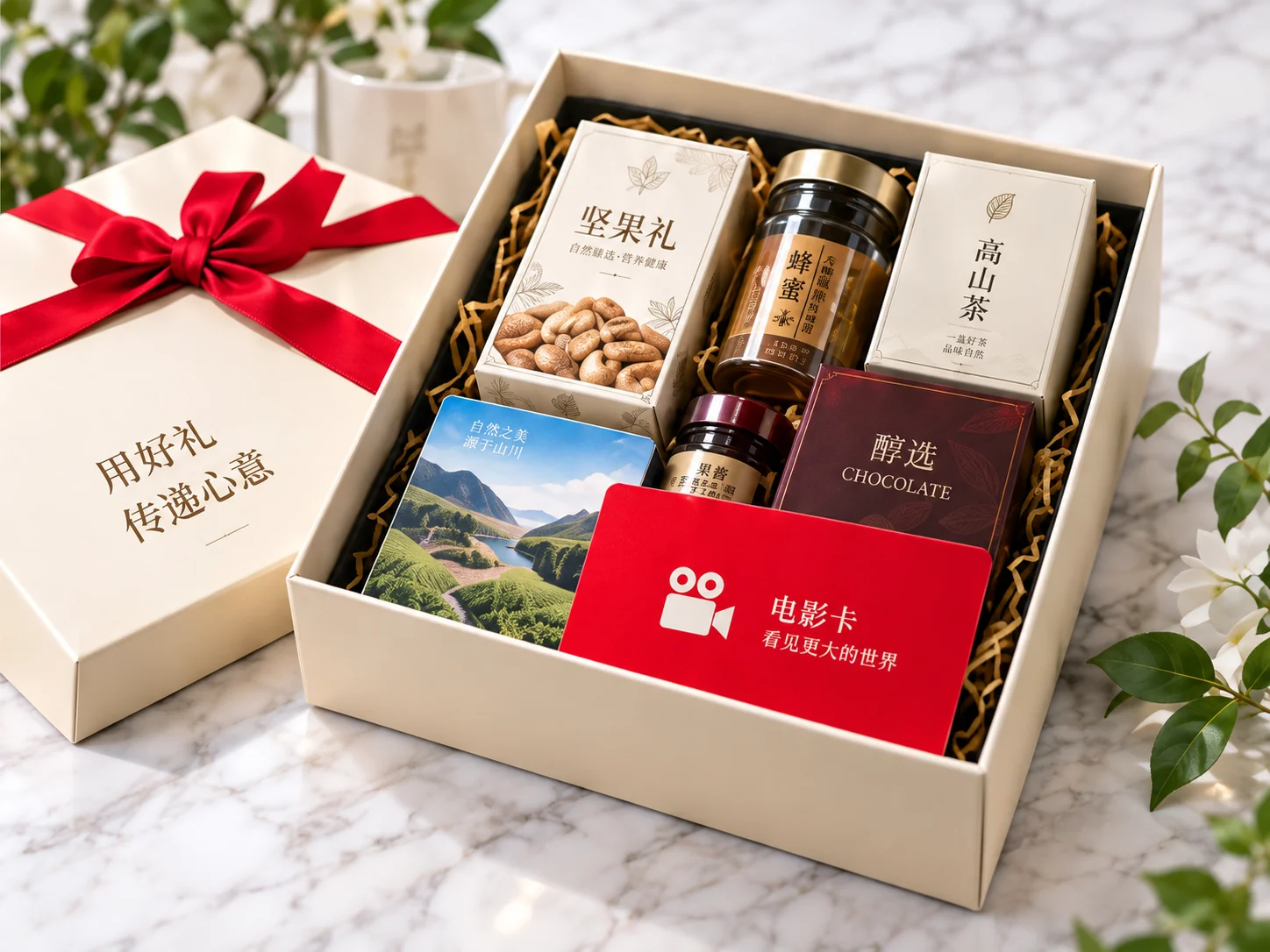 节日礼盒与红色电影卡组成的企业采购礼包