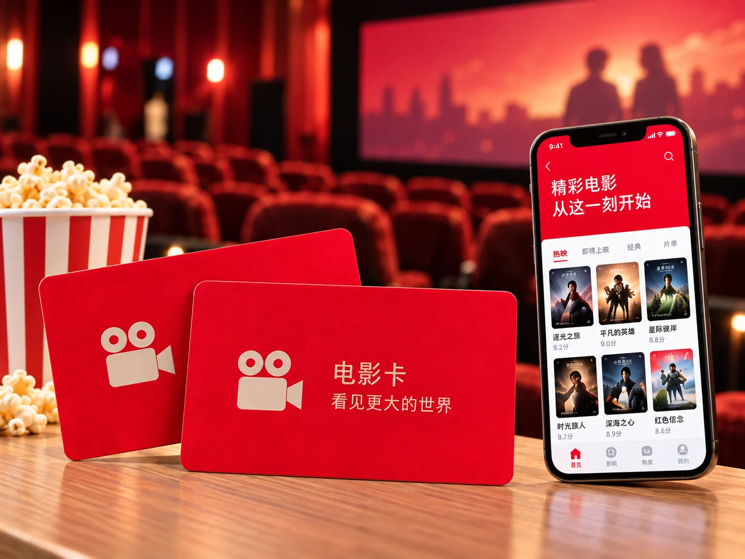 红色电影卡、影院场景与手机上的电影购票页面