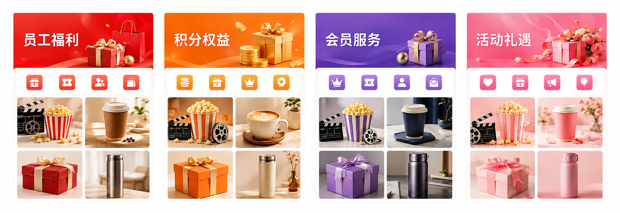员工福利、积分权益、会员服务、活动礼遇四种不同视觉的商城页面示意