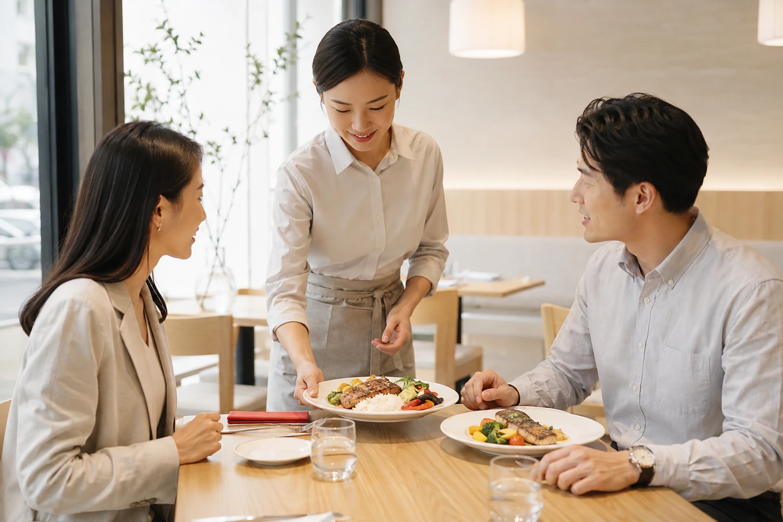 现代餐厅中，服务员为员工送上商务午餐的场景示意